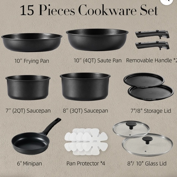 Carote Nonstick Cookware 15 Pcs Non Stick Pots and Pans with Removable Handle - Picture 1 of 3